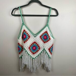 Pink Lily White Crochet Fringe Tank Top Large